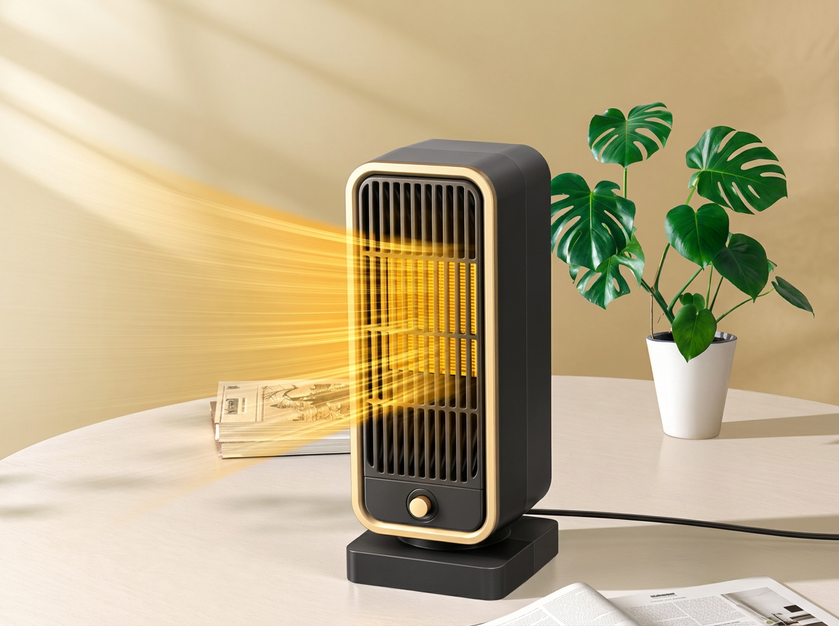 Keilini Heater Pro on a white table, with stylised lines showing warm air flowing forward