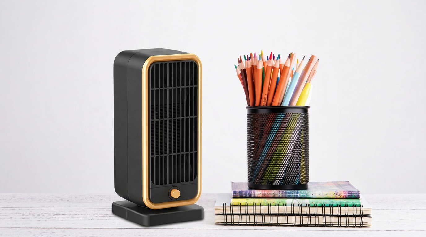 Keilini Heater Pro compact black heater with gold trim, pictured beside a pencil pot