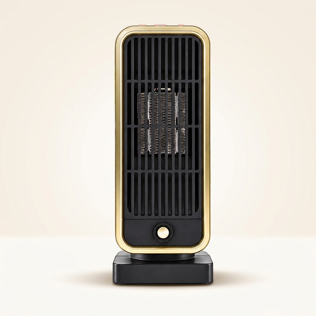 Front view of the Keilini Heater Pro showing its grille, gold frame and single control dial